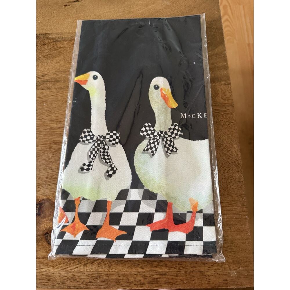 MacKenzie-Childs Gaggle of Geese Check Dish Towel 100% Cotton Black White Orange
